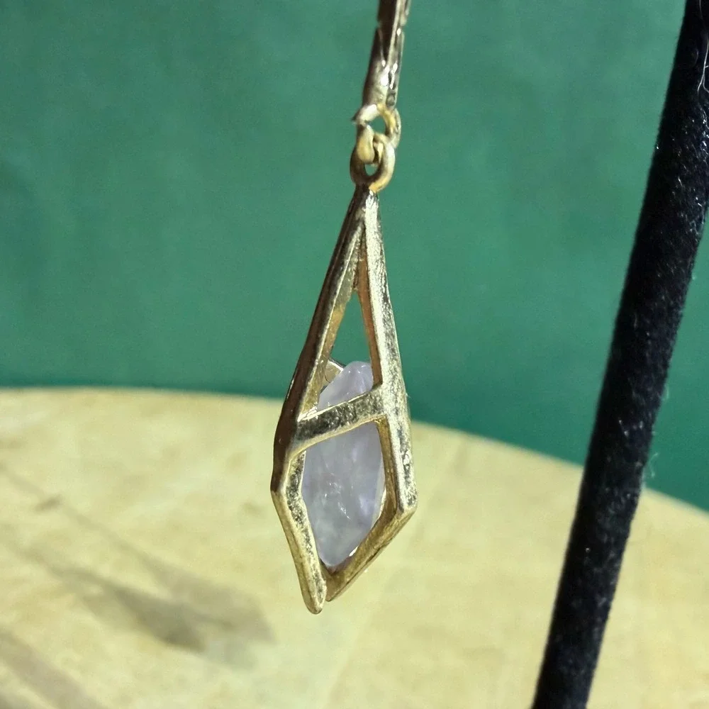 Amethyst Crystal Point Cage Drop Earrings Gold Tone Witchy Whimsigoth Pagan Gift